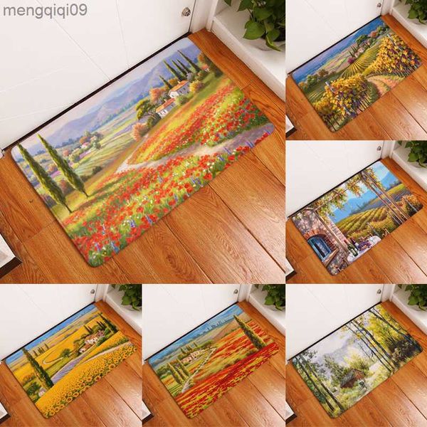 Tappeti Vintage Pittura a olio Modello villaggio Tappeto da cucina Tappeto antiscivolo Tappetino di benvenuto Tappeto in velluto corallo Zerbino Tappetini per interni Tapis R230731