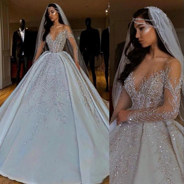 2021 Dubai Árabe Luxo Vestidos de Noiva Linha A Vestido de Noiva Formal Joia Pescoço Ilusão Transparente Cristal Beading Mangas Compridas Cetim Ba321E