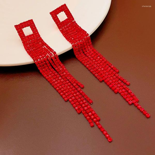 Dangle Ohrringe Eingelegtes Strasssteine Langes Quasten Frauen Hollow Fashion Silbernadelstil Chinesischer roter Schmuck
