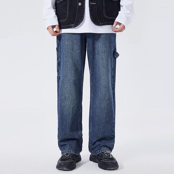 Männer Jeans Frühling Herbst Blau Solide Mode Kleidung Gerade Hosen Casual Breite Abgeschnitten Streetwear Hosen Overalls Jogginghose Mann