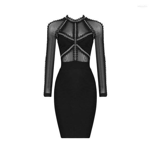 Повседневные платья 2023 Женщины Осень с длинным рукавом сексуальное высокое качество знаменитость черная сетка Strech Rayon Платье платье вечернее