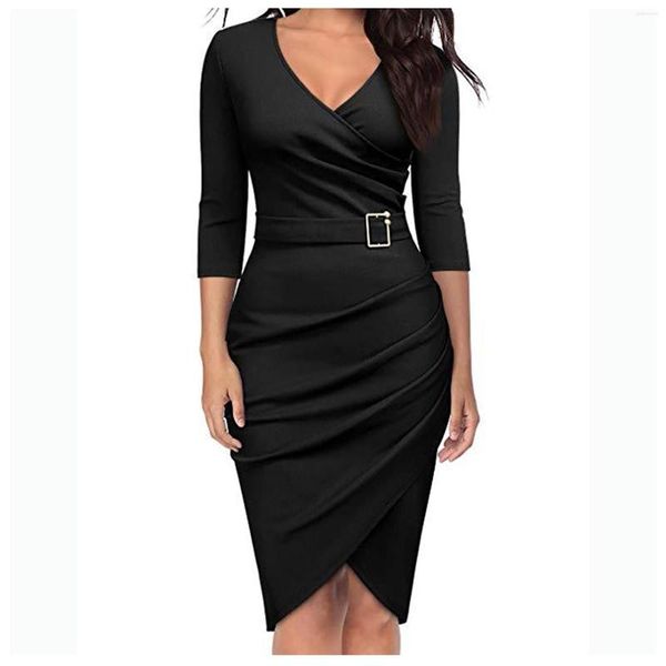 Casual Dresses Tops Est Elegant Pencil Outfits Retro Deep-v Neck Ruffles Long Sleeve Belted Wrap Stretchy Party Work
