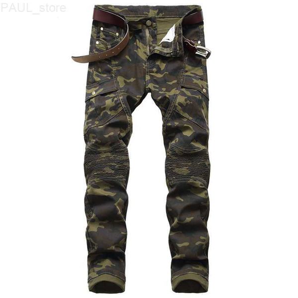 Camouflage Uomo Hip Hop Biker Jeans allungati Streetwear Pantaloni da jogging pieghettati Pantaloni graffiati da uomo Slim Pantalones Hombre L230731