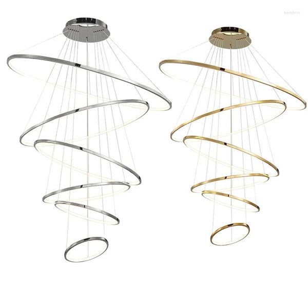 Lampadari Lampadario a soffitto con anello in argento grande 2023 Lampade a sospensione a scala moderna Lamparas dorate per la decorazione del soggiorno