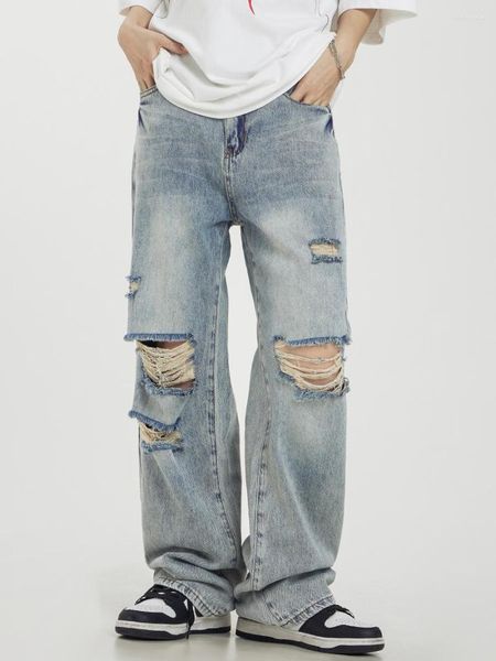 Jeans da uomo Y2k Vintage Streetwear Blu scuro Pantaloni in denim strappati a vita alta da donna Pantaloni larghi larghi dritti Hip Hop femminili