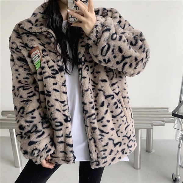 Pelliccia da donna JMPRS cappotti invernali donna giacca di pelliccia leopardata sciolta calda coreana spessa cerniera su abiti da donna a maniche lunghe