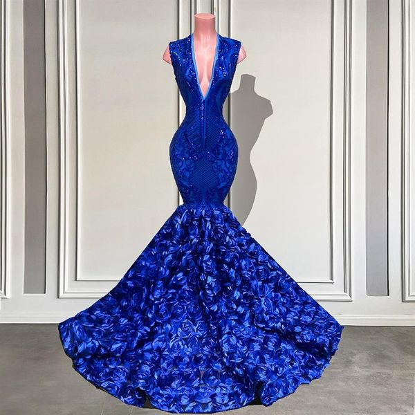 Elegante scollo a V scintillante Royal Blue senza maniche 3D Rose Mermaid Prom Dress Lungo paillettes Black Girls Gala Evening Party Wear Abiti Cu261L