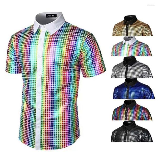 Camisas casuais masculinas brilhantes de manga curta para cima camisa boate baile de formatura traje de festa discoteca tamanho grande blusa botão camisetas masculino retrô