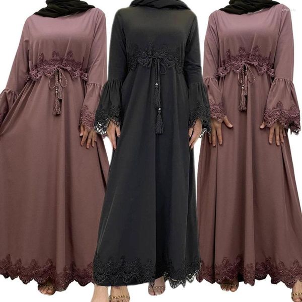 Roupas Étnicas Preto Renda Abayas Muçulmano Moda Feminina Vestido Longo Maxi Ramadan Eid Turquia Kaftan Islam Robe Cinto Femme Dubai Jalabiya