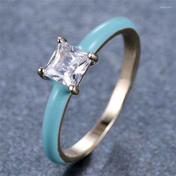 Hochzeit Ringe Luxus Weibliche Blaue Emaille Dünne Ring Klassische Gold Farbe Band Vintage Quadrat Zirkon Stein Engagement Für Frauen