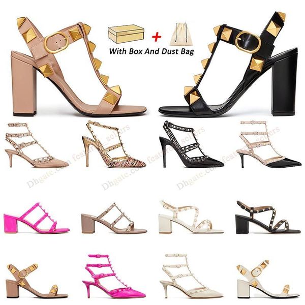 High-Heel-Schuh für Damen, Designer-Sandalen, Valentinsabsatz, offener Zehenbereich, Slingback, niedriger Kitten-Heel, Nieten, Sandaletten, Luxus-Pink-Schwarz, Party-Loafer mit spitzer Zehenpartie, Größe 35–42