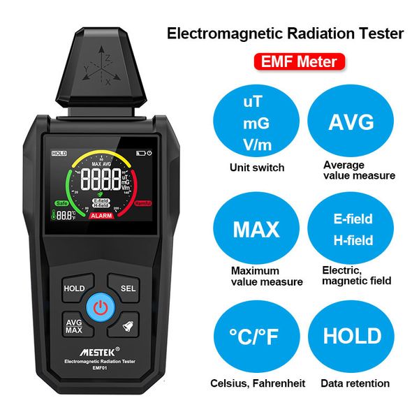 Tester di radiazioni Misuratore EMF Schermo a colori digitale Rivelatore di campo elettromagnetico EMF per uso domestico Tester di radiazioni di campo elettromagnetico portatile 230731