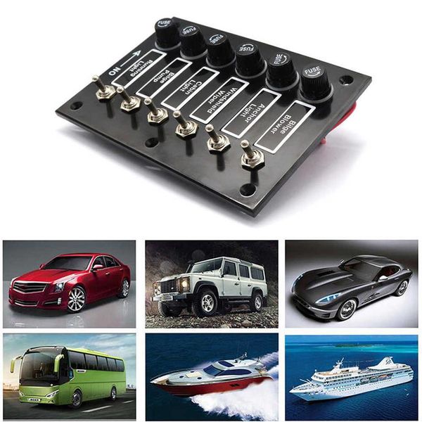 Para Car Marine Ship Caravana RV DC12 24V ON OFF Rocker Toggle Car Switch Panel com fusível de proteção 6 Gang Label Stickers300V