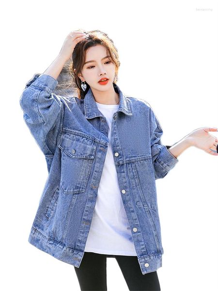 Женские куртки повседневная джинсовая куртка женщин негабаритная весенняя осенняя мода Короткая корейская корейская длинная рукава голубые ковбойские пальто феминина