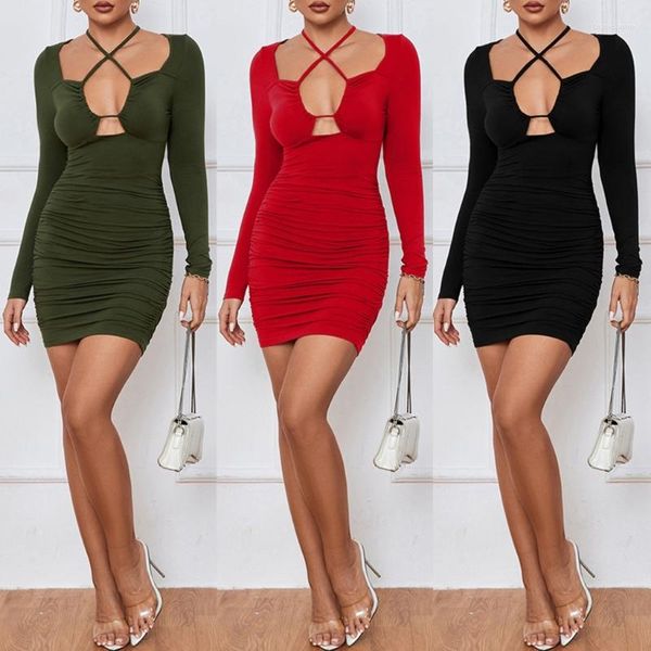 Casual Jurken Dames Sexy Criss Halter Tie Up Ruches Bodycon Jurk Lange Mouwen Uitsparing Mini Korte Herfst Streetwear DropShip