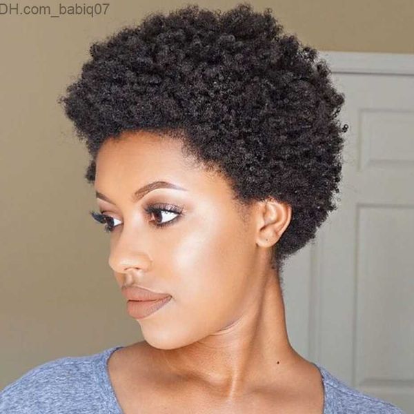 Parrucche senza cappuccio per capelli umani Taglio pixie corto Nessuna parte anteriore in pizzo Parrucca afro per capelli umani ricci crespi per donne nere Parrucche naturali giornaliere complete fatte a macchina Z230731