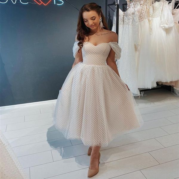 Abito da sposa corto 2021 Off spalla Lunghezza alla caviglia Point Net Abito da sposa Splendido per le donne Spose Tulle Robe De Mariee Graceful285c