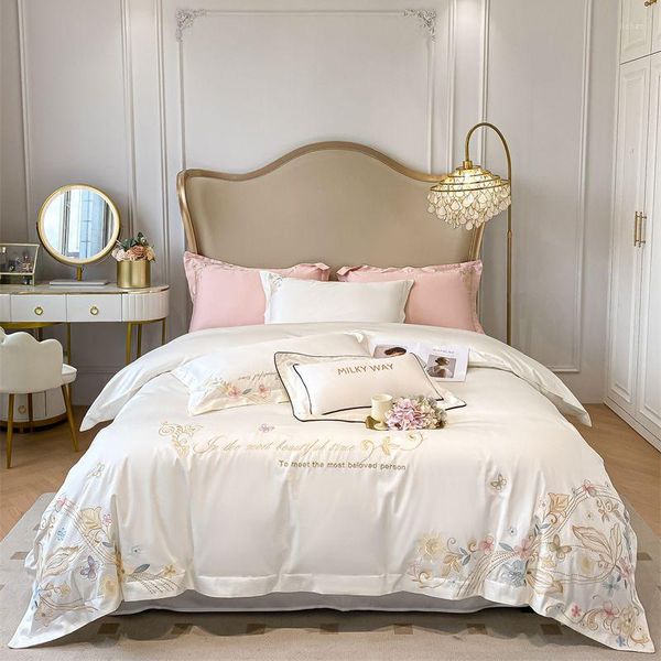 Bettwäsche-Sets, weiß, rosa, blau, gelb, grün, ägyptische Baumwolle, Blumen, Stickerei, Luxus-Set, Bettbezug, Bettlaken, Kissenbezüge