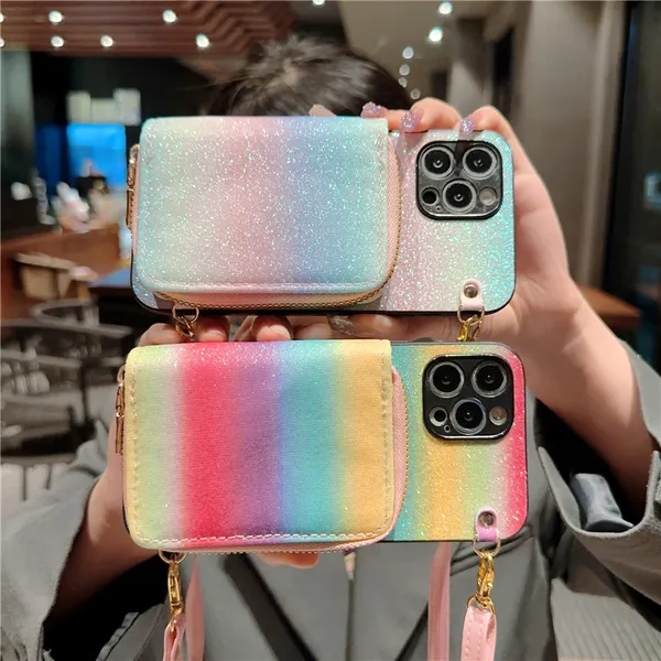 Luxury Crossbody Sparkle Rainbow Folio Custodia per telefono Vogue per iPhone 14 13 12 11 Pro Max Samsung Galaxy S22 S21 Ultra S23 Plus A24 A34 A54 5G Glitter Zipper Wallet Shell