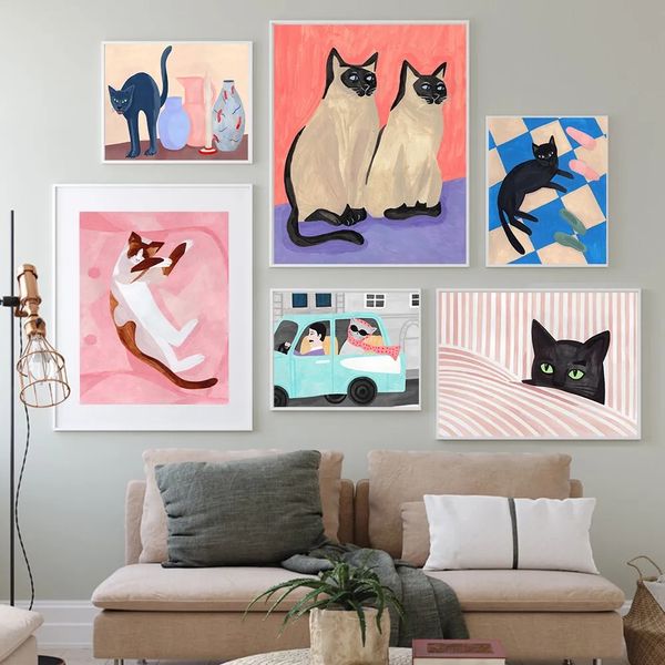 Gatti divertenti Pittura su tela Non svegliare Gatto francese Animali del fumetto Poster Wall Art Stampa Immagini per soggiorno Decorazione domestica w06