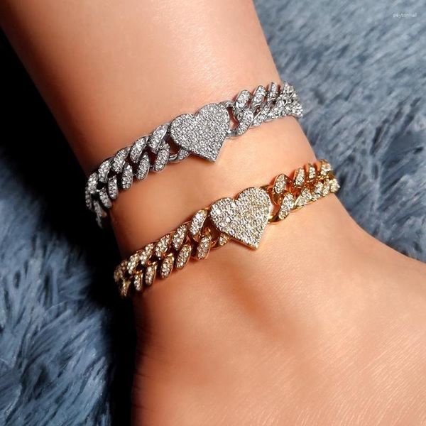 Fußkettchen Flatfoosie Mode Bling Gepflasterte Kristall Herz Kubanischen Für Frauen Iced Out Link Kette Knöchel Armband Strand Fuß Schmuck