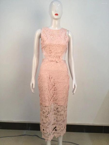 Lässige Kleider Sexy Ausschnitt Rosa Erröten Schlanke Frauen Spitzenkleid Ärmellos Midi Kalb Mantel Bodycon Verband Lange Party Nachtclub Vestidos