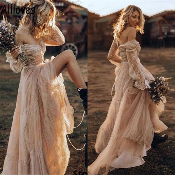 Campioni di Champagne Country Western Weddings con maniche lunghe retrò cowgir a V-Neck Bohemian Lace Abiti da sposa Spazza