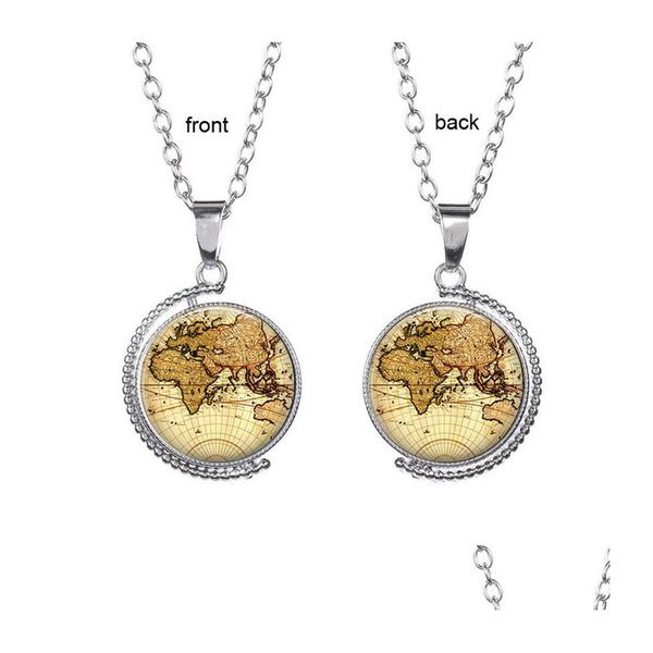 Altri set di gioielli Girevole Mappa del mondo Tempo Collana con ciondolo gemma Cabochon in vetro a doppia faccia Catena rotante per maglione Moda per uomo Wo Dhcje