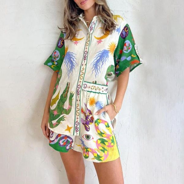 Agasalhos femininos Conjuntos de moda casual Camisa de manga curta Parte superior Calções de perna larga Pijama Terno Roupas Pijamas Conjunto de duas peças para mulheres de verão