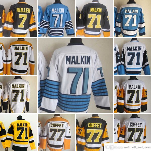 1980 Filme Vintage Hockey 71 Evgeni Malkin Jerseys CCM Bordado 77 Paul Coffey 7 Joe Mullen Jersey White Black Amarelo Azul Retro