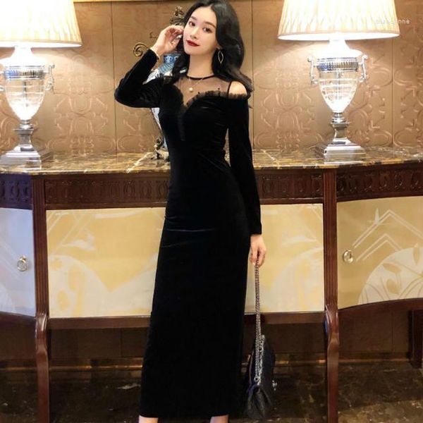 Casual Kleider Schlank Samt Abend Bankett Kleid Lange Frauen Treffen Geburtstag Party Kleid Mesh Patchworm Sexy Chinesischen Formalen Abschlussball