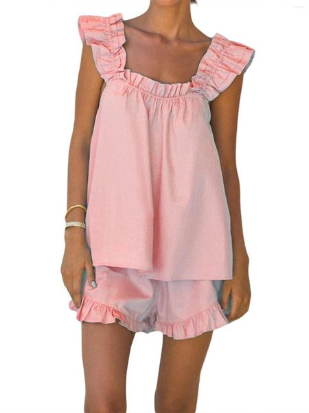 Damen-Trainingsanzüge, zweiteiliges Pyjama-Set mit Blumenmuster für Damen, ärmellosem Babydoll-Tanktop und Shorts mit weitem Bein – Lounge mit Stil