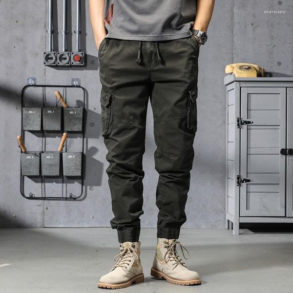 Calças masculinas estilo primavera e outono leggings cargo com vários bolsos estilo nove extensões moda casual marca ajuste fino pés pequenos sp