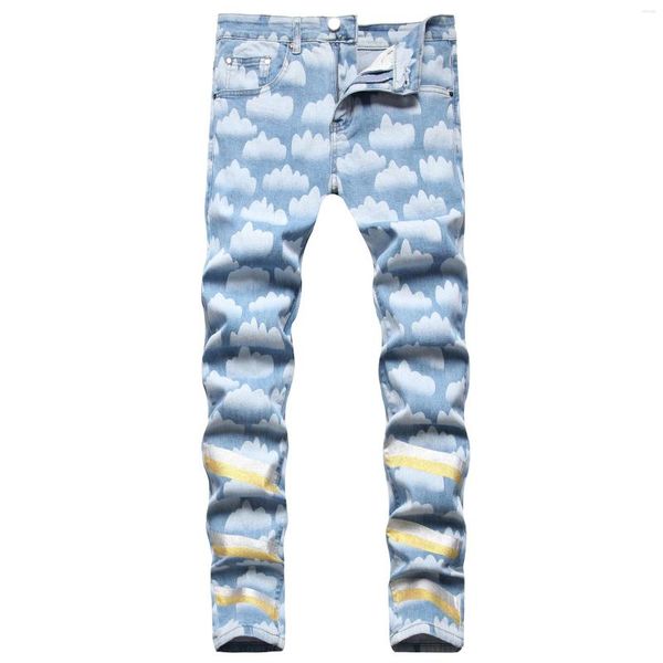 Jeans da uomo FUAMOS Moda personalizzata Hip-hop Coreano Cielo blu Bianco Nuvola Pantaloni in denim di cotone europeo americano stampato