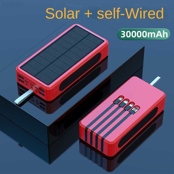 Силовая банка сотового телефона 30000 мАч Солнечный банк энергопотребления встроенный в кабели солнечный зарядник Внешнее зарядное устройство для Huawei Xiaomi iPhone со светодиодным светом L230731
