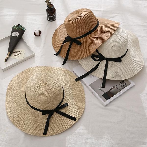 Geniş pis şapkalar yaz güneş şapkası bayanlar büyük brimmed plaj saman açık UV koruma bowknot kapakları katlanabilir sahil tatil güneşlik kapağı