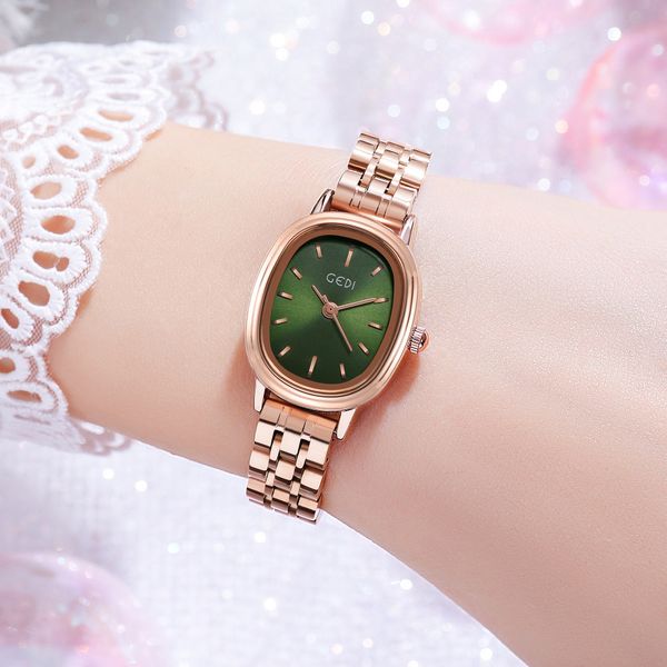 Orologi da donna orologi di lusso di alta qualità Stilista di moda impermeabile al quarzo-batteria Orologio ovale verde piccolo piatto in acciaio inossidabile stile semplice