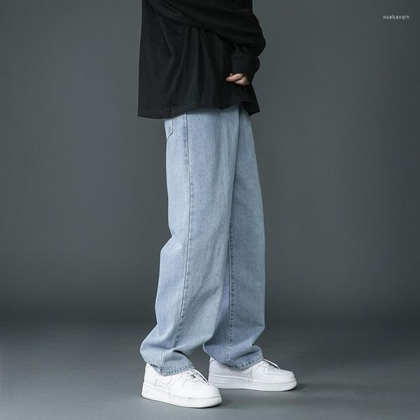 Jeans Masculino Solto Calças Casuais Retas de Pernas Largas Calças Moda para Todos os Jogos Streetwear Preto Azul Claro Baggy