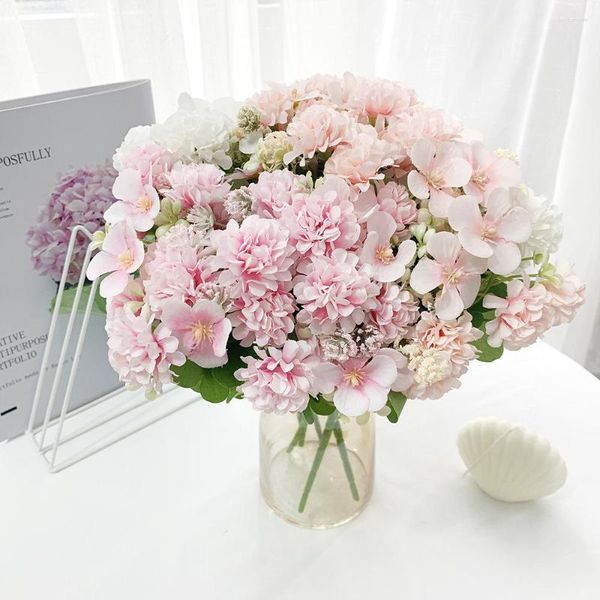 Flores decorativas Simulação Mini Bola Crisântemo Buquê Planta Falsa Varanda Decoração de Jardim Rosa Flor Branca Buquês Artificiais