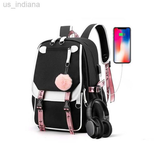 Schultaschen Großer Rucksack für junge Mädchen USB-Anschluss Canvas Schultasche Studentenrucksack modischer schwarz-rosa Jugendrucksack Z230801