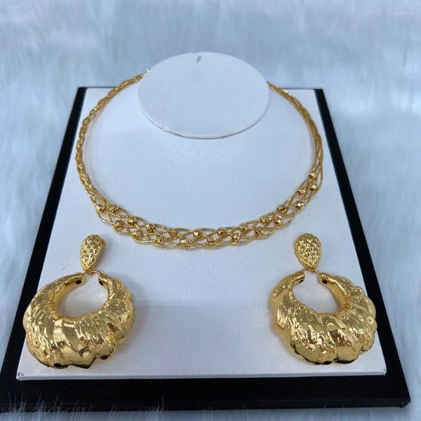 Conjunto de colar de brincos banhado a ouro Dubai para casamento de noiva grande cor de argola