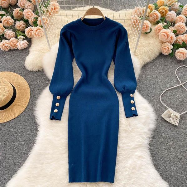 Casual Kleider Frauen Puff Langarm Stricken Bodycon Kleid Mit Knopf Vintage Französisch Mode Vestidos Slim Enge Elegante Büro Dame y2k