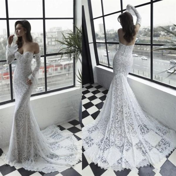 Abiti da sposa a sirena sexy 2019 Julie Vino Abiti da sposa a maniche lunghe con scollo a cuore Abiti da sposa in pizzo da spiaggia256v