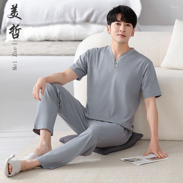 Roupa de dormir masculina M-4XL Conjuntos de pijamas masculinos de verão manga curta camiseta calças 2 peças ternos sólidos soltos cintura elástica roupas masculinas Hw68