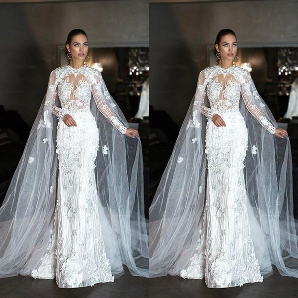 Favolosi abiti da sposa a sirena con collo gioiello a capo Abito da sposa in pizzo 3D Abiti Dubai Abito da sposa a maniche lunghe da spiaggia Plus Size215D