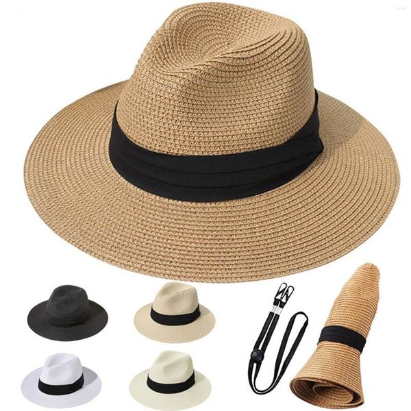 Cappelli a tesa larga Estate Casual Sole di paglia con string Uomo Panama Travel Jazz per protezione UV all'aperto Berretto da spiaggia Cappellini da cowgirl