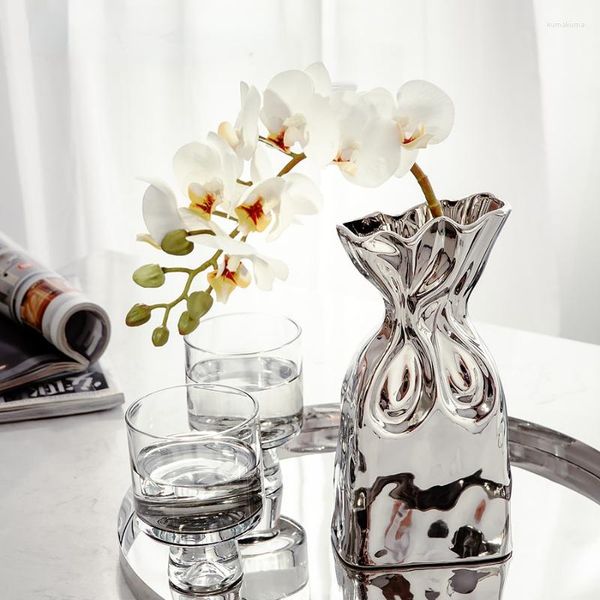 Vasos Luxo Prata Cerâmica Vaso Origami Decoração Do Quarto Acessórios Arranjo De Flores Secas Floreros Decorativos Moderno Home Decor