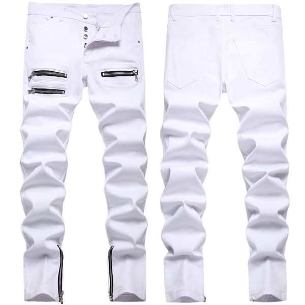 Jeans masculino de alta qualidade Stretch Slim-fit Branco Jeans Light Luxury Zipper Decoração Hip Hop Jeans Elegante Sexy Street Jeans; 230729