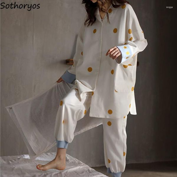 Damen-Nachtwäsche, Pyjama-Sets, langärmelig, lockerer V-Ausschnitt, Frühling und Herbst, modisch, bedruckt, koreanischer Stil, Knopfleiste, hochwertig, weich, schick