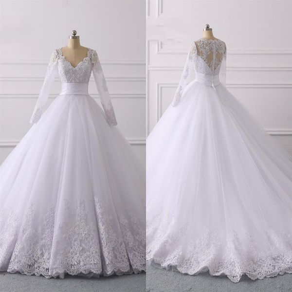 2022 Abito da sposa vita impero con maniche lunghe poeta classico scollo a V perline applique in pizzo nastro di paillettes pieghettato da sposa Dre2452